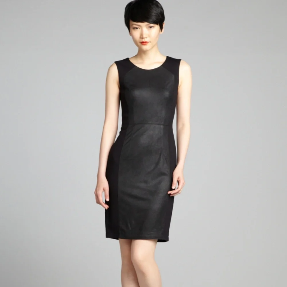 BCBGMAXAZRIA Black Dress Kellen Suede Panel Sheath LBD Career Party Size 0 XS - Picture 1 of 6